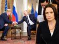 Donald Trump en Vladimir Poetin tijdens een ontmoeting in 2018. Rechts Fiona Hill.