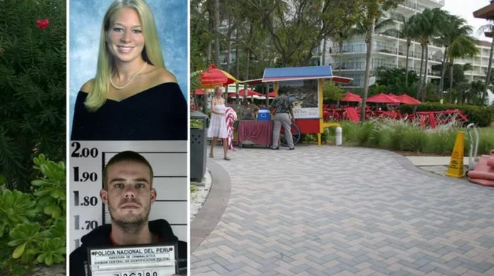 Natalee Holloway en hoofdverdachte Joran van der Sloot met op de achtergrond het Marriott Aruba Surf Club hotel waar hij het lichaam volgens een getuige zou hebben begraven.