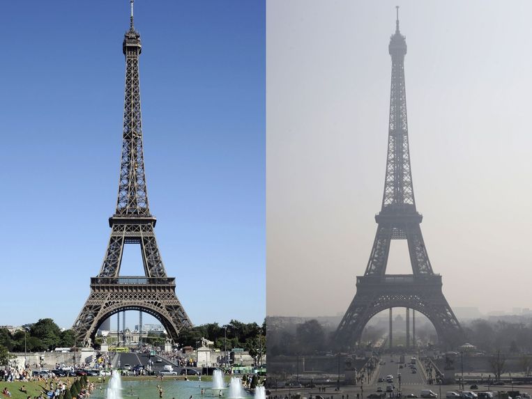 De Eiffeltoren met en zonder smog in de lucht Beeld anp