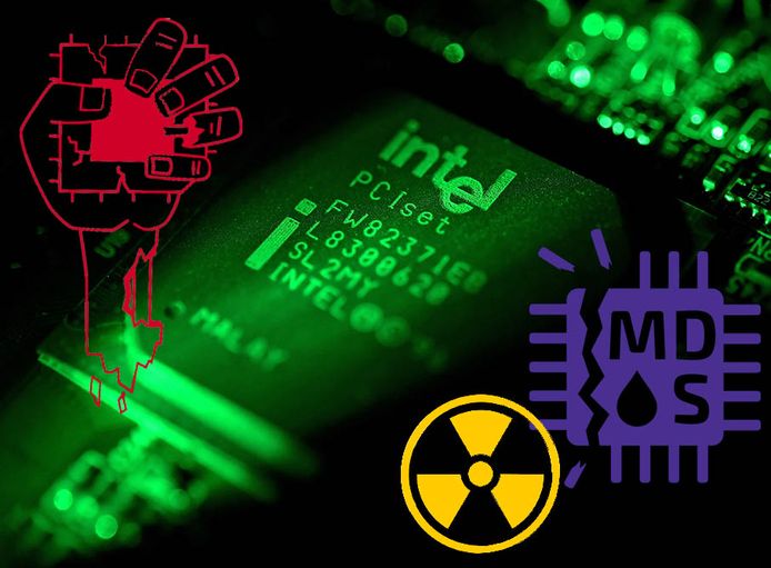 Een Intel-chip met de logo’s van ZombieLoad, Fallout en RIDL.