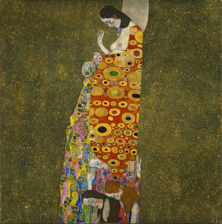 Schilderij: Hope II. 'Klimt baseerde zijn patronen op molecuulstructuren.' Beeld Hollandse Hoogte