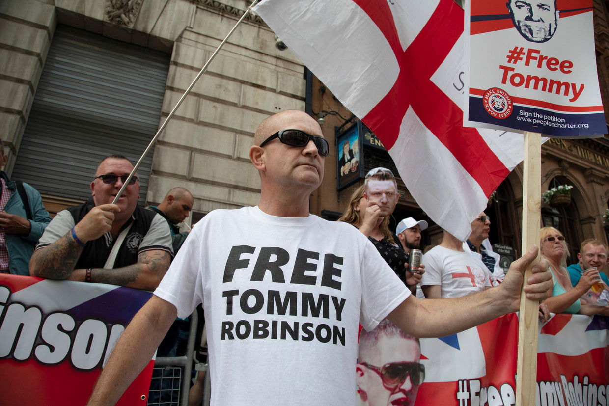 Demonstratie voor de vrijlating van Tommy Robinson in Londen. Beeld In Pictures via Getty Images
