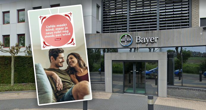 De slogan van Bayer Nederland, gevestigd in Mijdrecht: ‘Liefde maakt blind, maar je neus ruikt nog steeds een wind’.
