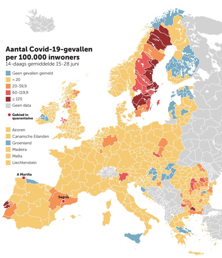 Aantal Covid-19-gevallen per 100.000 inwoners in Europa. Beeld eodc