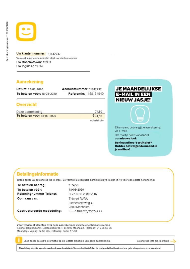 Een maandelijkse factuur van Telenet. Bijna een-op-een gekopieerd, met een willekeurig klantennummer. Beeld RV
