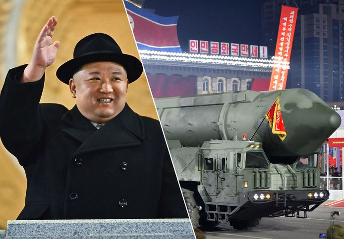 De Noord-Koreaanse dictator Kim Jong-un vorige week tijdens een militaire parade in Pyongyang bij de 75ste verjaardag van het leger.