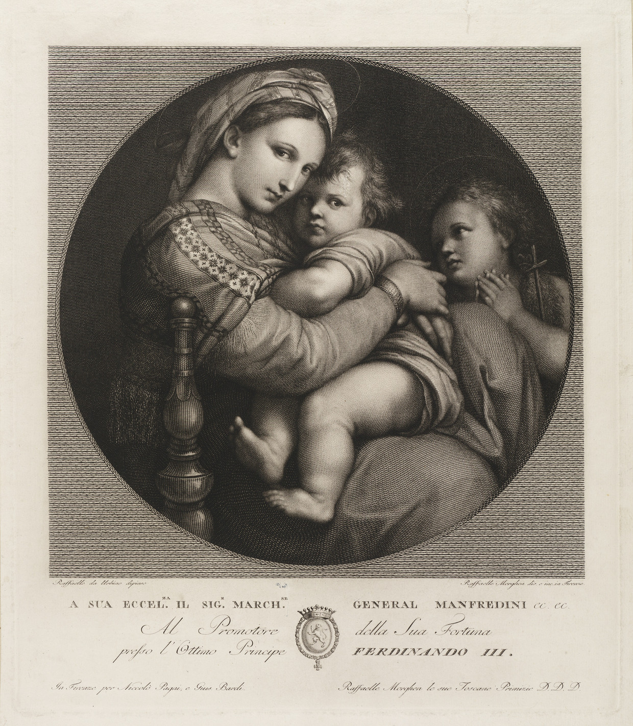 
Raffaello Morghen (1758-1833), Maria met kind en Johannes de Doper. Prent naar een schilderij van Rafaël die in het Palazzo Pitti hangt.  Beeld Collectie Teylers Museum.