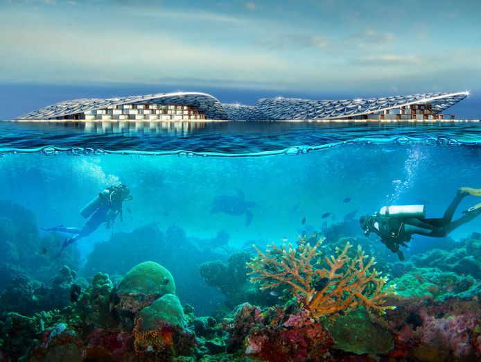 A conceptual image of what will become the world's largest ocean restoration project, off the coast of Dubai.  It will be used for marine research, regeneration and ecotourism.