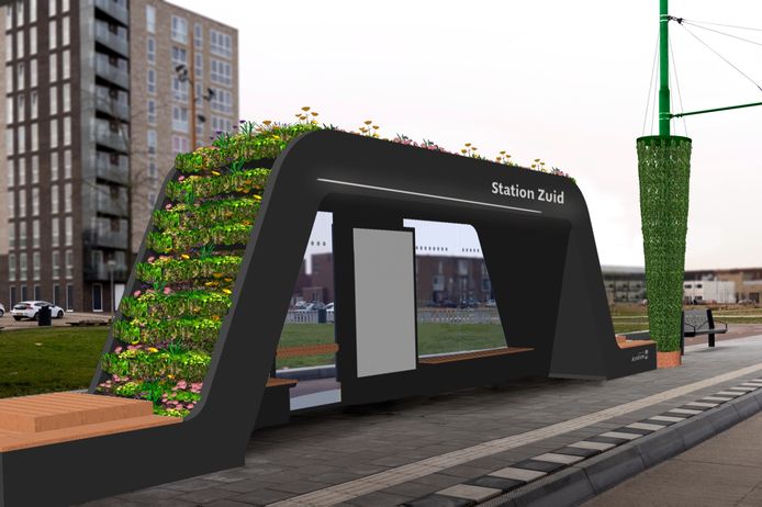 Impressie van de nieuwe groene bushalte bij station Arnhem-Zuid.