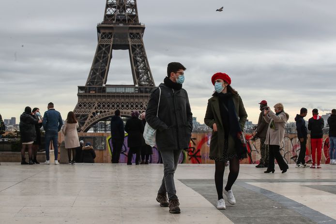Mensen met mondmasker aan de Eiffeltoren