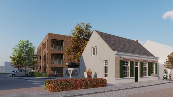Achter het te herbouwen AvanG-huisje aan de Schoolstraat in Moergestel verrijzen volgens plan twee appartementenblokken.