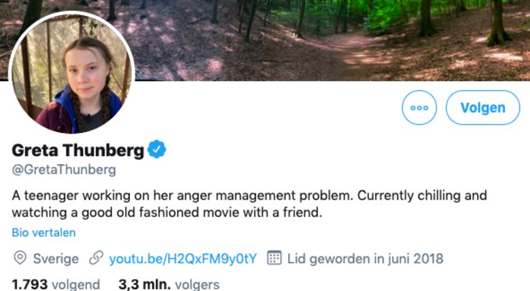 De aangepaste biografie van Greta Thunberg op Twitter. Beeld Screenshot Twitter