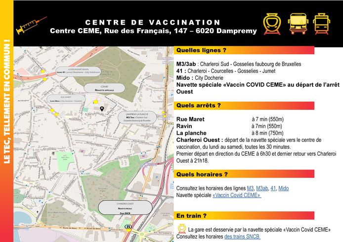 Transport en commun gratuit vers le centre de vaccination de Dampremy (Charleroi)