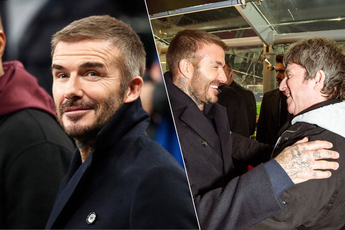Links: David Beckham op de tribune.
Rechts: Beckham ontmoette de Britse zanger Noel Gallagher.