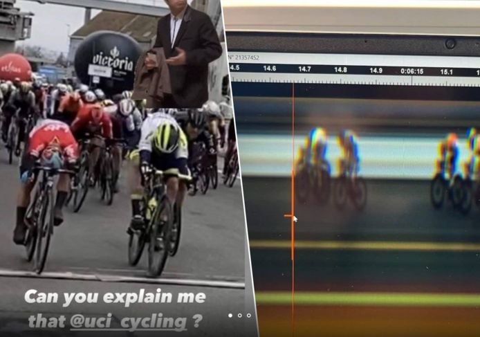 De finish van Caleb Ewan (links) en Gerben Thijssen.
