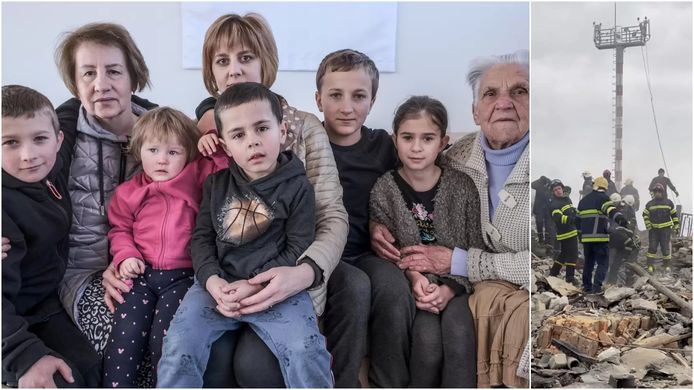 We zien op de foto Maya Vakar (centraal), samen met haar mama en schoonmoeder en haar vijf geadopteerde kinderen, in Kortrijk. Rechts een beeld van de luchthaven in haar thuisstad Vinnytsia, die verwoest werd door raketten.