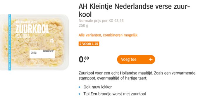 Albert Heijn geeft maar liefst 0,03 euro korting op twee pakken zuurkool (normaal 1,78; met bonuskorting 1,75).