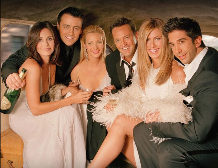 De Friends-cast: Courteney Cox, Matt Le Blanc, Lisa Kudrow, Matthew Perry, Jennifer Aniston en David Schwimmer.