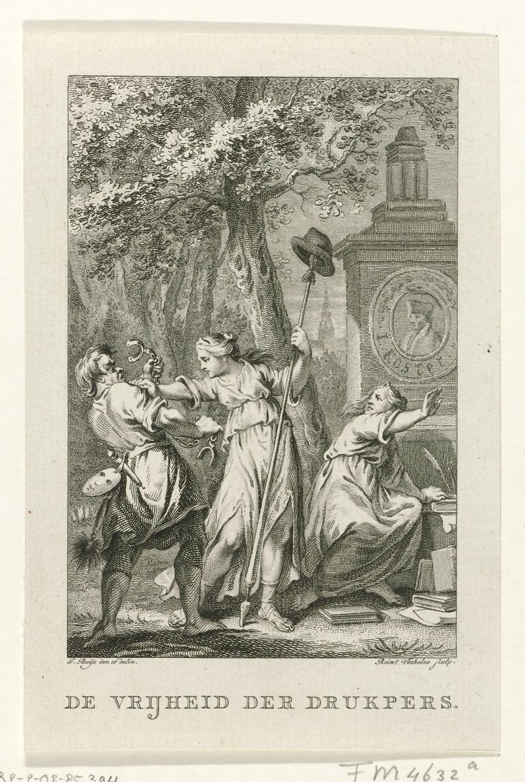 Titelpagina van ‘De vrijheid der drukpers’ van Reinier Vinkeles, met een illustratie van Jacobus Buys, 1787. Collectie Rijksmuseum. Beeld 