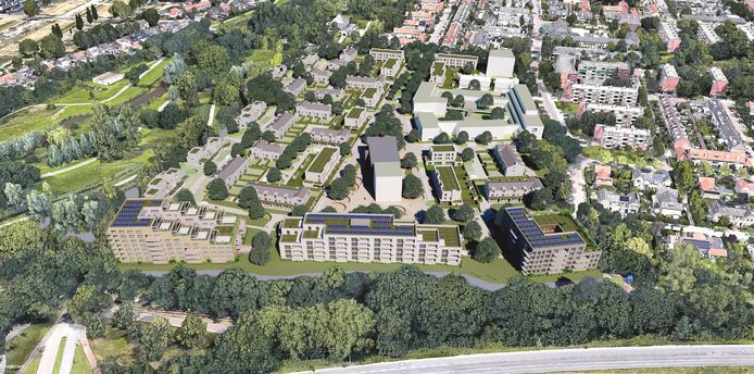 Impressie van het nieuwe Park Langendijk in wijk Boeimeer in Breda, met onder de zuidelijke rondweg.
