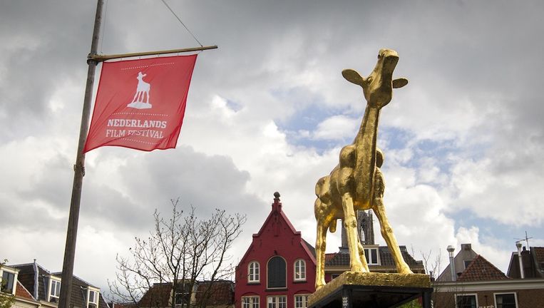 Het Gouden Kalf staat op de Neude tijdens de 35e editie van het Nederlands Film Festival. Beeld anp