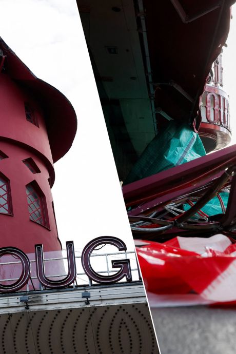 Wieken van iconisch theater Moulin Rouge in Parijs naar beneden gevallen