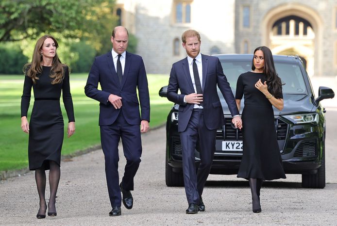 Kate, William, Harry en Meghan tijdens de begrafenis van Queen Elizabeth II op zaterdag 10 september 2022 (Chris Jackson/Pool Photo via AP)