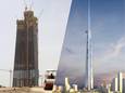 Links de huidige staat van de Jeddah Tower, rechts een artist impression van het eindresultaat.