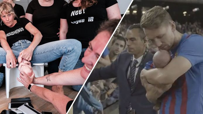 Bidan berpose (kiri) dan Frenkie de Jong dengan bayi Finn di Camp Nou.