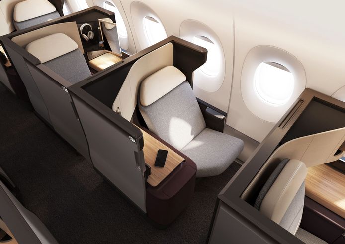 Business Class  in de Airbus van Qantas die in 2025 van Londen en New York non-stop naar Australië gaat vliegen.