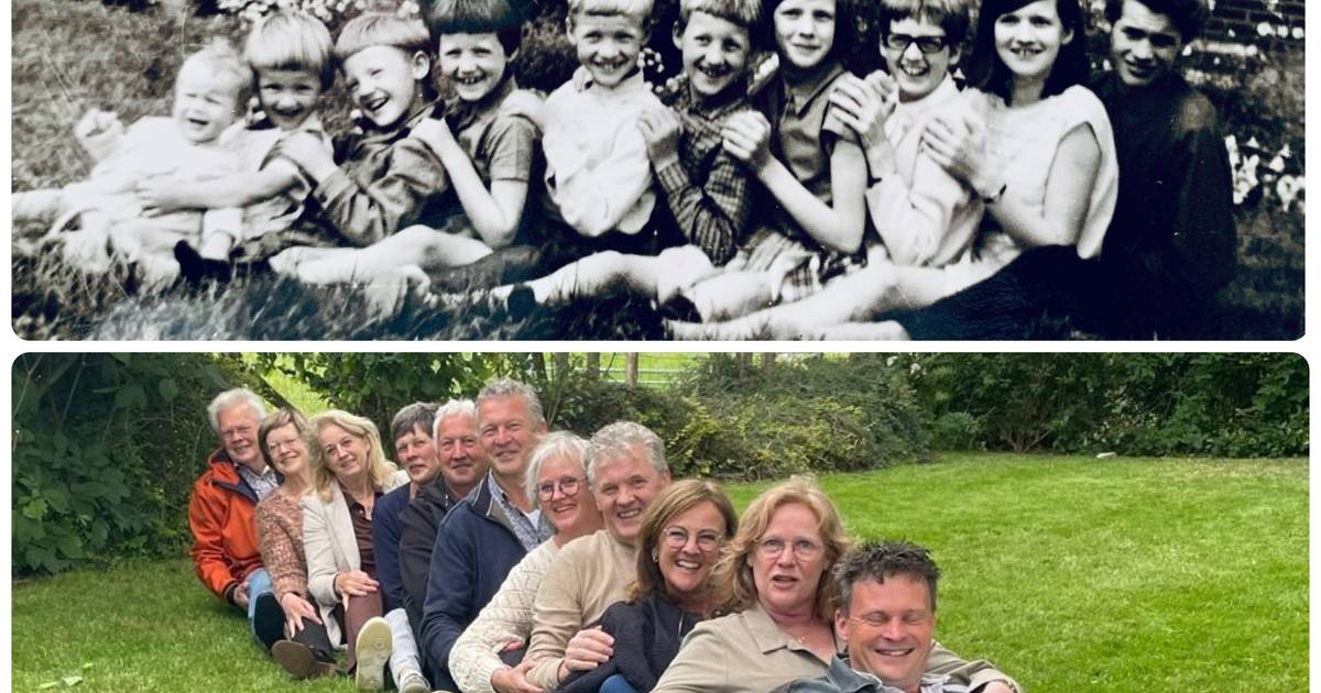 Een buurt-bbq, mannen met baarden en dezelfde foto 55 jaar later