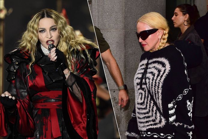 Links Madonna tijdens haar 'Rebel Heart'-tournee uit 2015. Rechts op weg naar de repetities voor haar ‘The Celebration Tour', die dit weekend van start gaat
