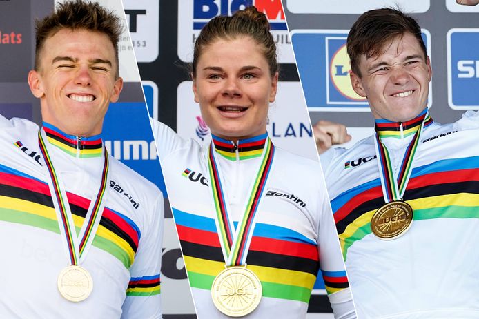 Thibau Nys, Lotte Kopecky en Remco Evenepoel, de Belgische wereldkampioenen van 2023.