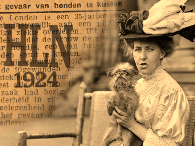 ▶HLN 1924: “Uit een onderzoek is gebleken dat de vrouw de ziekte opdeed door haar hondje op den snuit te kussen.”