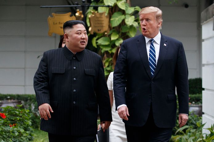 Kim en Trump bij de tweede top tussen de twee in Hanoi, Vietnam, in februari van dit jaar. Sinds die mislukte top zijn de gesprekken tussen Noord-Korea en de VS vastgelopen.
