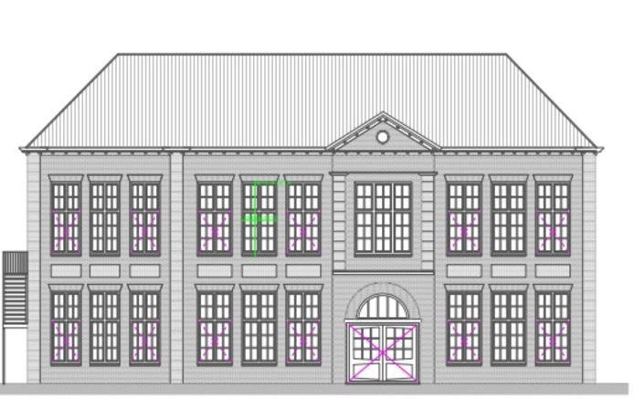 De voorgevel van de oude Mariaschool in Langeweg, die wordt omgetoverd in een complex met acht appartementen.