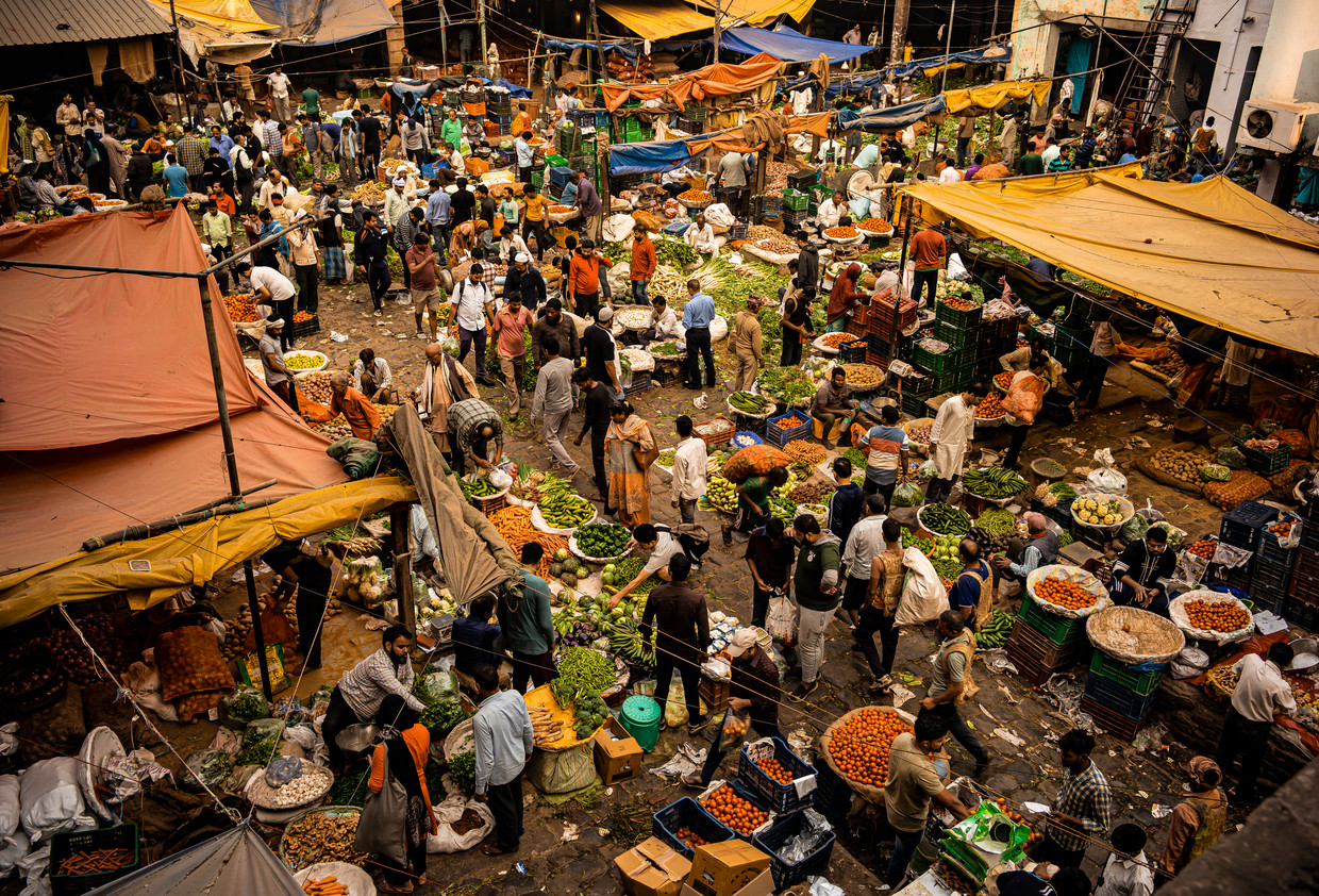 Groente- en fruitmarkt in Delhi, India.  Beeld Getty Images