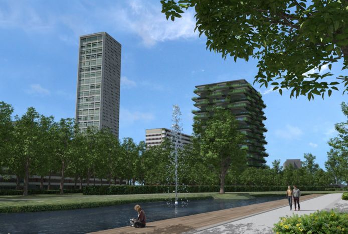 Eerste visualisatie van de groene toren, gezien vanaf het 'levend water' van het Spoorpark.
