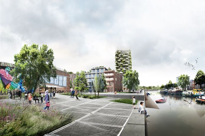Een schets van hoe de Belcrumhaven er uit zou kunnen gaan zien in de toekomst. Direct aan het water gelegen zouden woningen daar verwarmd kunnen worden middels aquathermie.