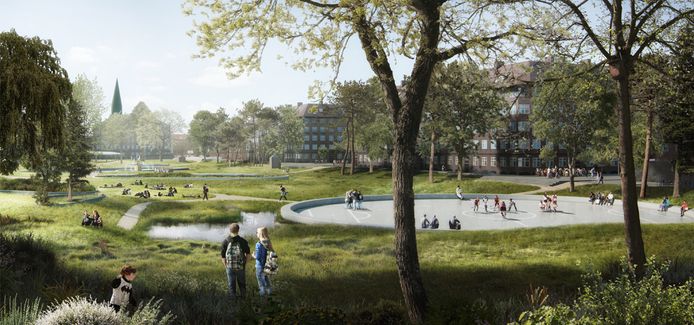 Artist impression. In het Volkspark zou een piekopvang voor stortbuien kunnen worden aangelegd: de aanleg van een bassin van 8000 m3 kan worden gecombineerd met een renovatie van de bestaande waterlopen.