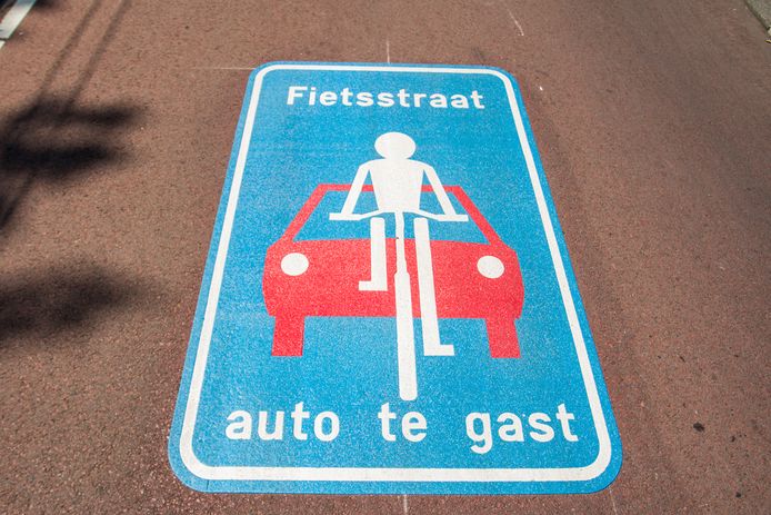 De aanduiding voor een zogeheten ‘fietsstraat’ komt ook op de Zuidplasweg in Nieuwerkerk.