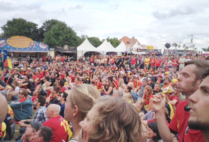 Festivalsgangers kijken naar de Rode Duivels op Rock Werchter 2014.