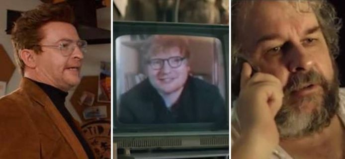 Comedian/detective Rhys Darby verdenkt Ed Sheeran (midden) ervan achter de verdwijning van Nieuw-Zeeland op de wereldkaart te zitten. Lord of the Rings-regisseur Sir Peter Jackson (rechts) komt met een alternatieve oplossing.