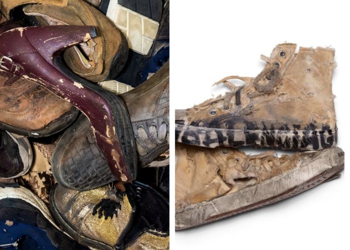 Links: schoenen gedragen door echte daklozen. Rechts: de sneakers van Balenciaga.