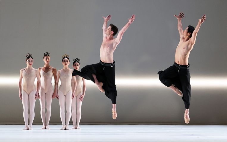 Grosse Fuge van Hans van Manen door Het Nationale Ballet en Het Balletorkest. Vanaf links: Salome Leverashvili, Floor Eimers, Qian Liu, Maia Makhateli, Edo Wijnen en Young Gyu Choi Beeld Hans Gerritsen