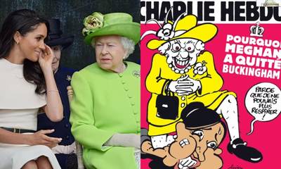 “Op elk niveau verkeerd”: koningin Elizabeth verstikt Meghan Markle met haar knie op cover ‘Charlie Hebdo’