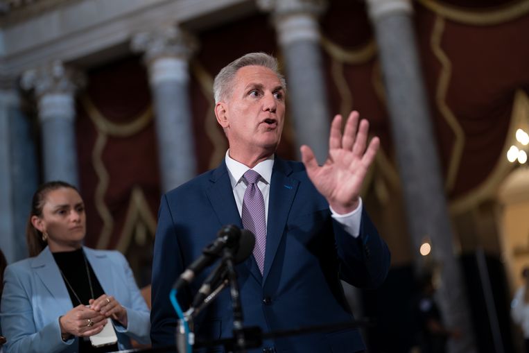 Speaker of the House of Representatives Kevin McCarthy speaks with reporters shortly after the passage of the bill increasing the US debt ceiling.  Image access point