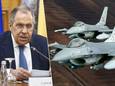 Links: Russische minister van Buitenslandse Zaken Sergej Lavrov. Rechts: F-16-gevechtsvliegtuigen.