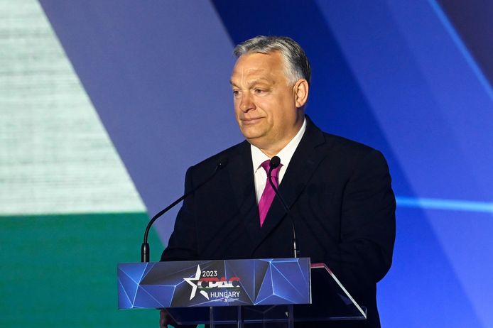 Viktor Orban tijdens zijn toespraak op de CPAC in de Hongaarse hoofdstad Boedapest.