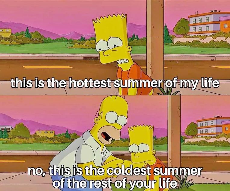 ‘We hebben een klimaat op steroïden, waarbij records keer op keer met zeer grote marges worden verpulverd. Deze meme van ‘The Simpsons’ vat het mooi samen.’ Beeld rv